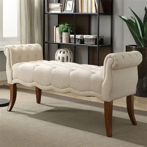 modern upholstered tufted roll arm bench  curved legs wooden shoppe
