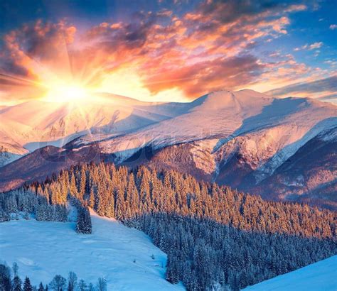 Colorful Winter Sunrise In Mountains Stock Photo Colourbox