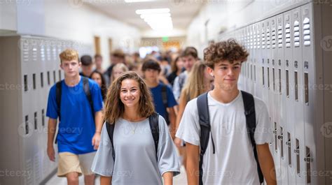 teenagers navigating crowded hallway  high school building
