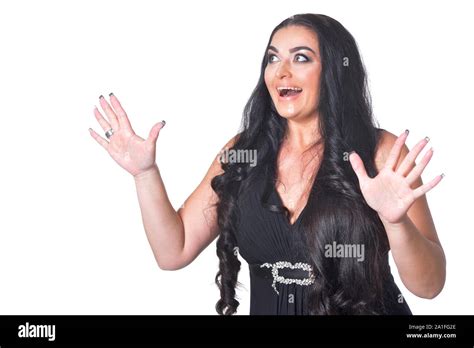Portrait Of Beautiful Brunette Woman Posing Against White Background Stock Photo Alamy