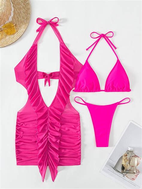 Shein Swim Chicsea Solid Bikini Set Halter Triangle Bra Cheeky Bottom Ruffle Trim Peekaboo