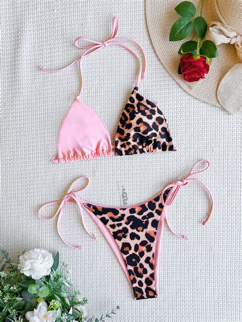 Custom Bikini Set Logo Tie Up Two Piece Sexy Halter Leopard Color Block Swimwear Women S Bra