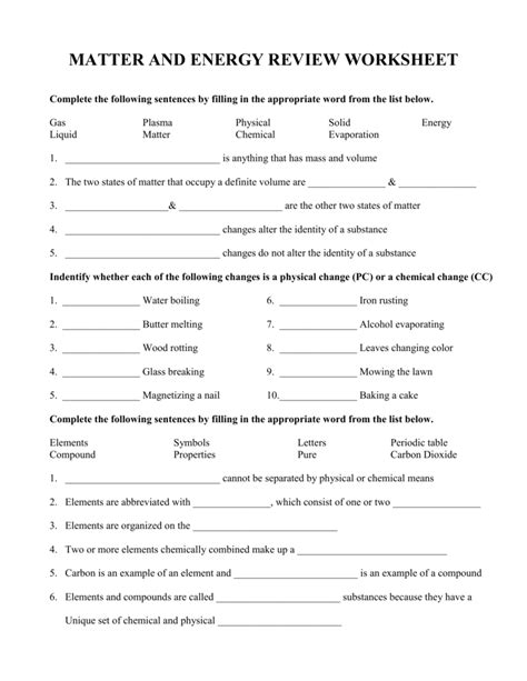 Matter And Energy Review Worksheet