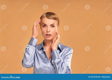 Beauty Studio Portrait Of Caucasian Attractive Woman With Blonde Short Hair Natural Delicate