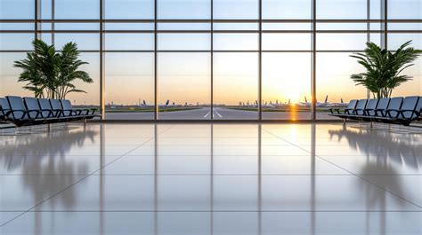 quiet airport terminal at sunrise with rows of empty chairs and palm