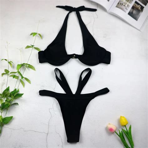 2018 Sexy High Cut Thong Bikini High Waisted Swimsuit Halter Push Up