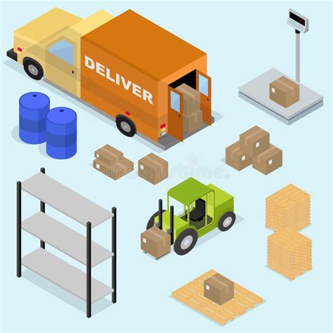 Isometric Icons Set Of Logistics And Delivery Scales Boxes Fo Stock