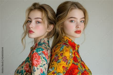 Two Beautiful Twin Sisters With Long Blonde Hair Wearing Vibrant
