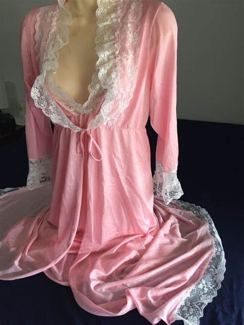 Vintage Bernette Pink Lace Peignoir Robe Nightgown Nylon Lingerie Set S EBay