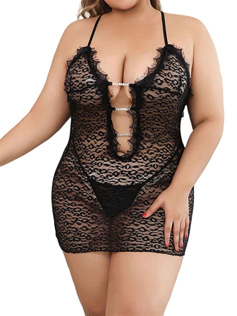 Lapaplus Women S Plus Size Lingerie Deep V Neck Gauze Lace Chemise Nightdress Xl Xl Black