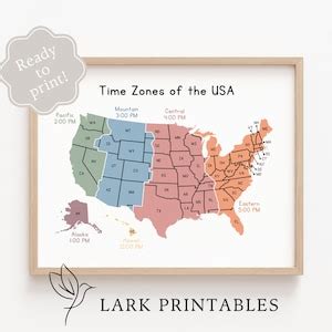 Time Zones of the USA Map Educational Poster Printable Geography ...