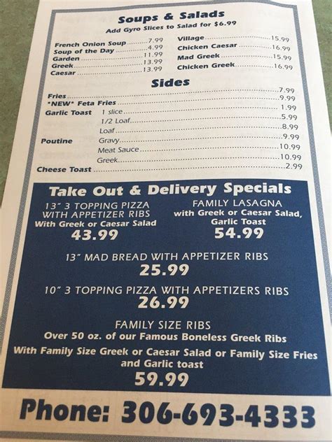 Menu At The Mad Greek Pizzeria Moose Jaw