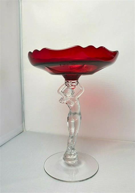 Cambridge Glass Art Deco Statuesque Nude Carmen Red Flared Pedestal Compote