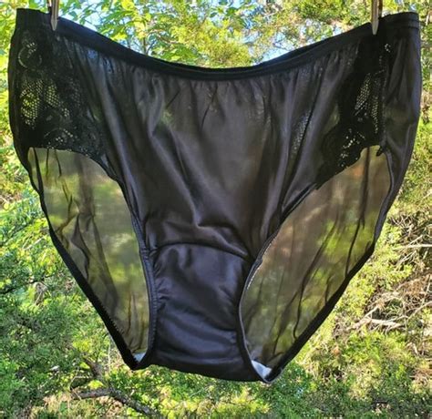 Shadowline Floral LACE Bikini Panty Shiny Nylon XL Black Silky