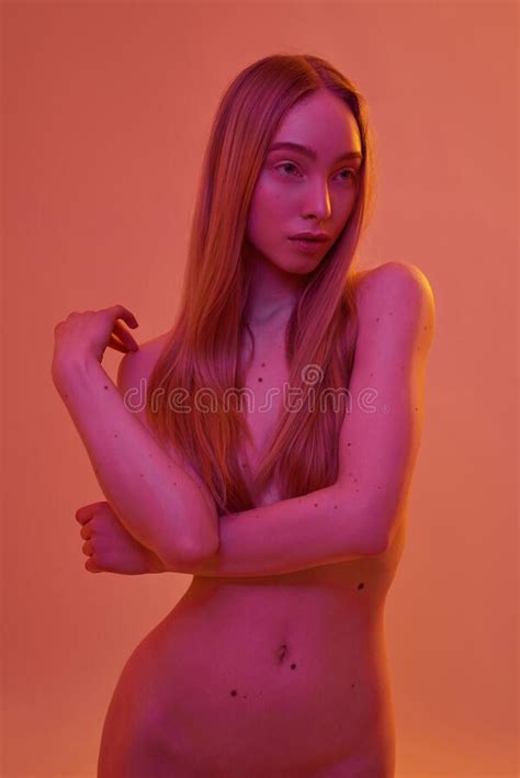 Front View Of Nude Caucasian Girl Look Away Stock Photo Image Of Orange Focused
