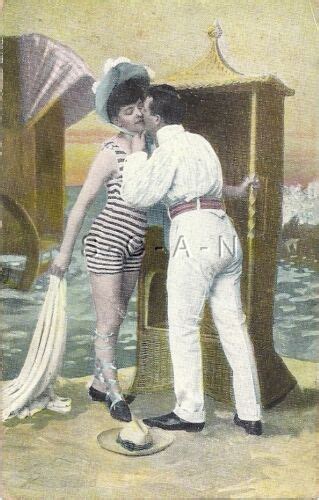 Org Vintage European Semi Nude Pc Bathing Beauty Man Beach