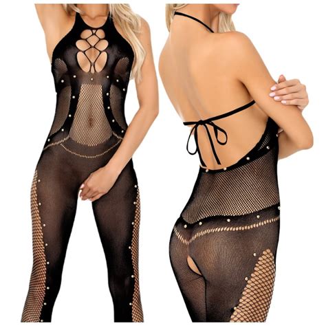 Bodystocking Czarne Ozdobione Per Ami Otwarty Krok Bodystocking Z