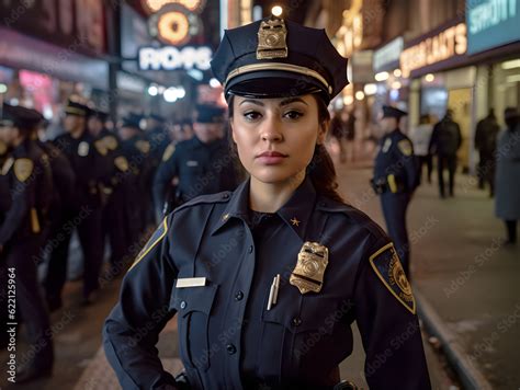 Latina Female Police Officer In Charge Of A Squad Of Officers On The Street Watching Camera And