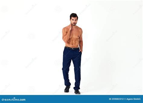 Man With Bare Torso And Prue Cubes In Business Pants Shows Full Length Nude Body Women X27 S