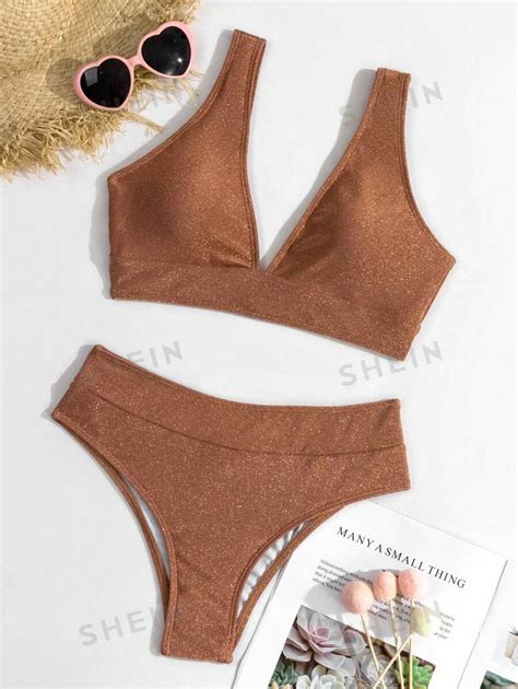 Shein Swim Vcay Summer Beach Plain V Neck Bra Swim Bottom Bikini Set Bathing Suit Shein