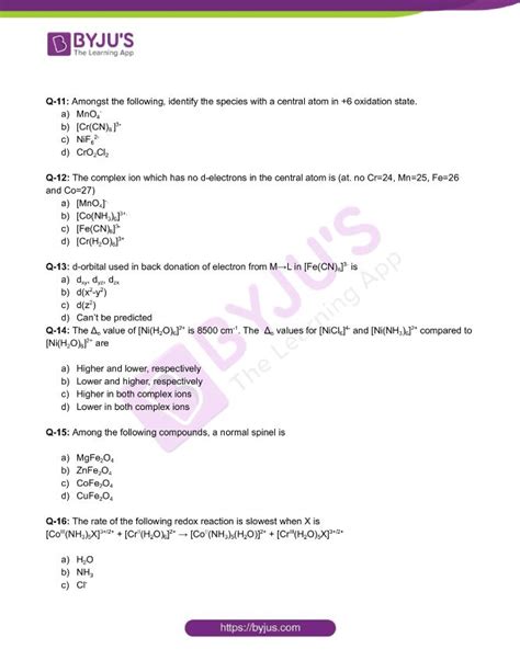 Class Chemistry Worksheet On Chapter Coordination Compounds Set