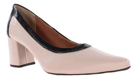 Scarpin Salto Baixo Nude Preto Verniz Er Parcelamento Sem Juros