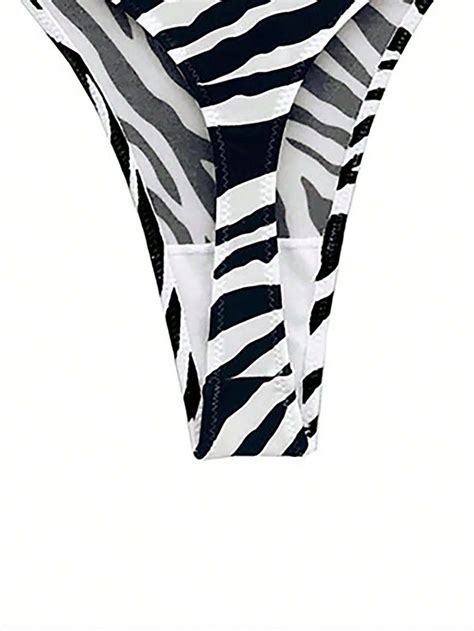 Zebra Print Buckle Belt Thong Bikini Bottoms SHEIN EUR