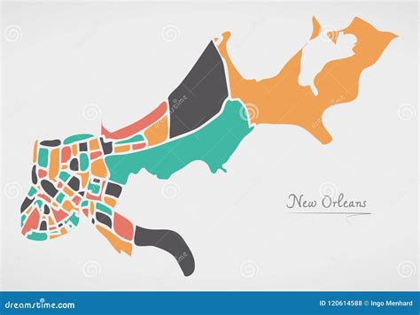 New Orleans Louisiana Map with Neighborhoods and Modern Round Sh Stock ...