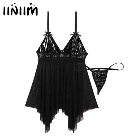 Iiniim Womens Femme Erotic Lingerie Set Sleepwear Spaghetti Straps Mesh Chemise Babydoll