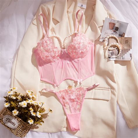 Lace Embroidered Flowers Pearl Chain Splicing Thin Erotic Lingerie Set