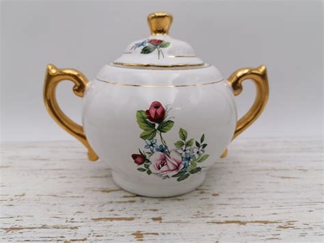 Vintage Porcelain Sugar Bowl White Sugar Bowl With Golden Handles