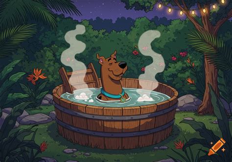 Cartoon Scooby Doo Relaxing In A Steaming Wooden Hot Tub Outdoors At