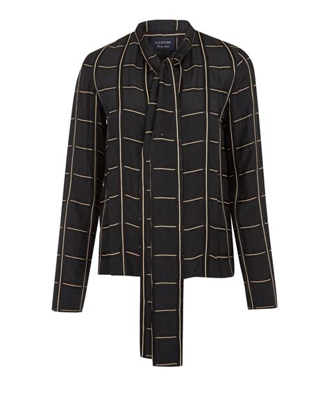 Lanvin Check Technical Satin Pussy Bow Blouse In Black Ufo No More