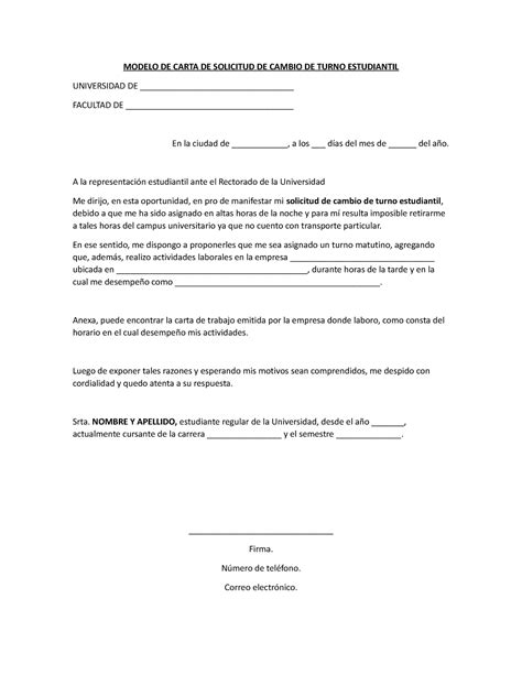Modelo de carta de solicitud de cambio de turno estudiantil - MODELO DE