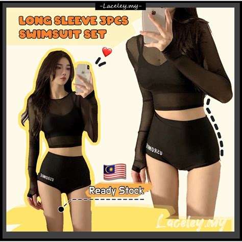 Ready Stock Korean Sporty Style Bikini Two Way With Long Sleeve Top Summer Swimsuit Swimwear