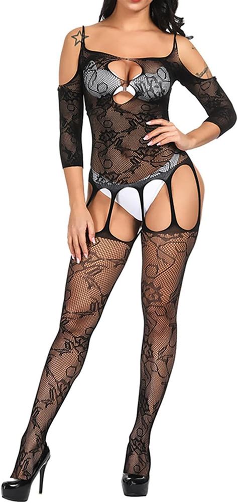 Amazon Women Lingerie Fishnet Bodysuit Sparkle Rhinestone Sexy