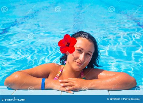 Beautiful Brunette Relaxing At Swimming Pool Stock Photo Image Of Recreation Pool