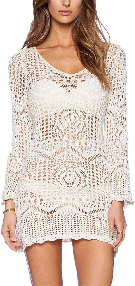 Wander Agio Beach Tops Sexy Perspective Cover Dresses Bikini Cover Ups Net Floral White Beige At