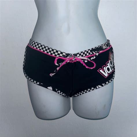 Volcom Swim Volcom Boy Shorts Logo S Swimsuit Bikini Bottoms Black Check Pink Free B Poshmark