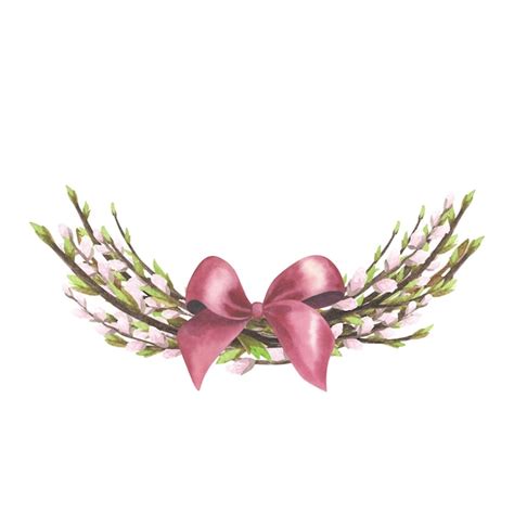 Premium Photo Willow Pussy And Spring Twigs Nest Watercolor With Red Bow Isolated On White