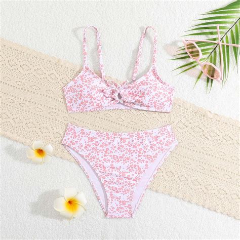 Yaunzi Girl Piece Swimsuit Sport Floral Prints High Waist Bikini Set Swimwear Bathing Suit