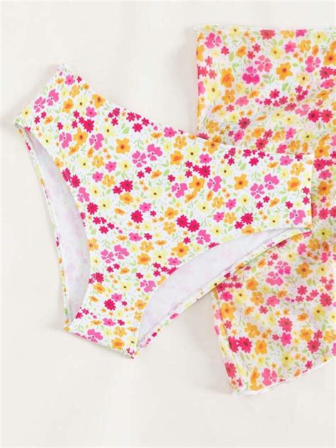 Chica adolescente Bañador bikini con estampado floral con falda de playa Moda de Mujer SHEIN