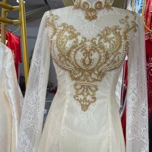 Traditional Vietnamese Wedding Ao Dai In Nude Cream With Beaded Lace Optional Head Piece Couple
