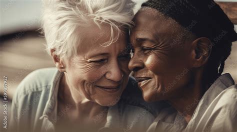 Old Women Lesbian Couple Black And Caucasian Female In Love LGBT
