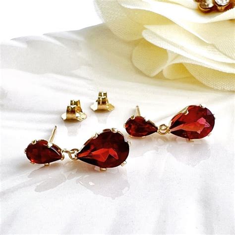 Solid 14K Yellow Gold Garnet 1 35ct Dangle Drop Earrings Etsy