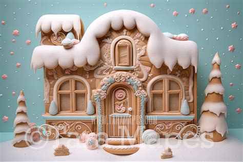 Gingerbread House Digital Backdrop Pastel Christmas Gingerbread Home