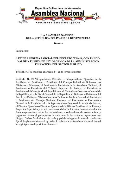 Ley de Reforma Parcial del Decreto Nº 8 414 con Rango Valor y Fuerza