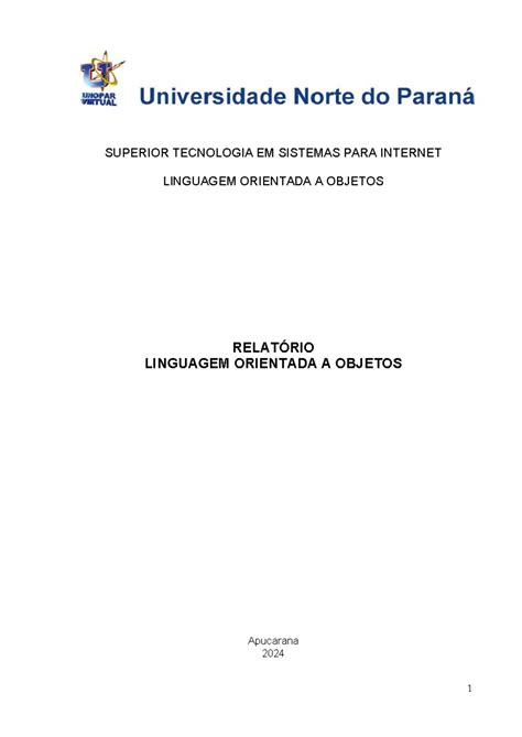 Relatório De Aula Prática - Linguagem Orientada A Objetos - Relatório de Aula Prática: Linguagem Orientada a Objetos - UNOPAR 2024 ...