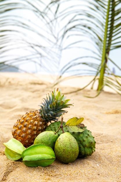 Fruta Verde Bajo Las Hojas De Una Palmera Foto Premium