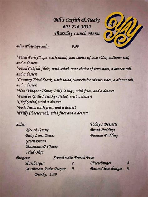 Menu At Bills Catfish And Steaks Steakhouse Wiggins